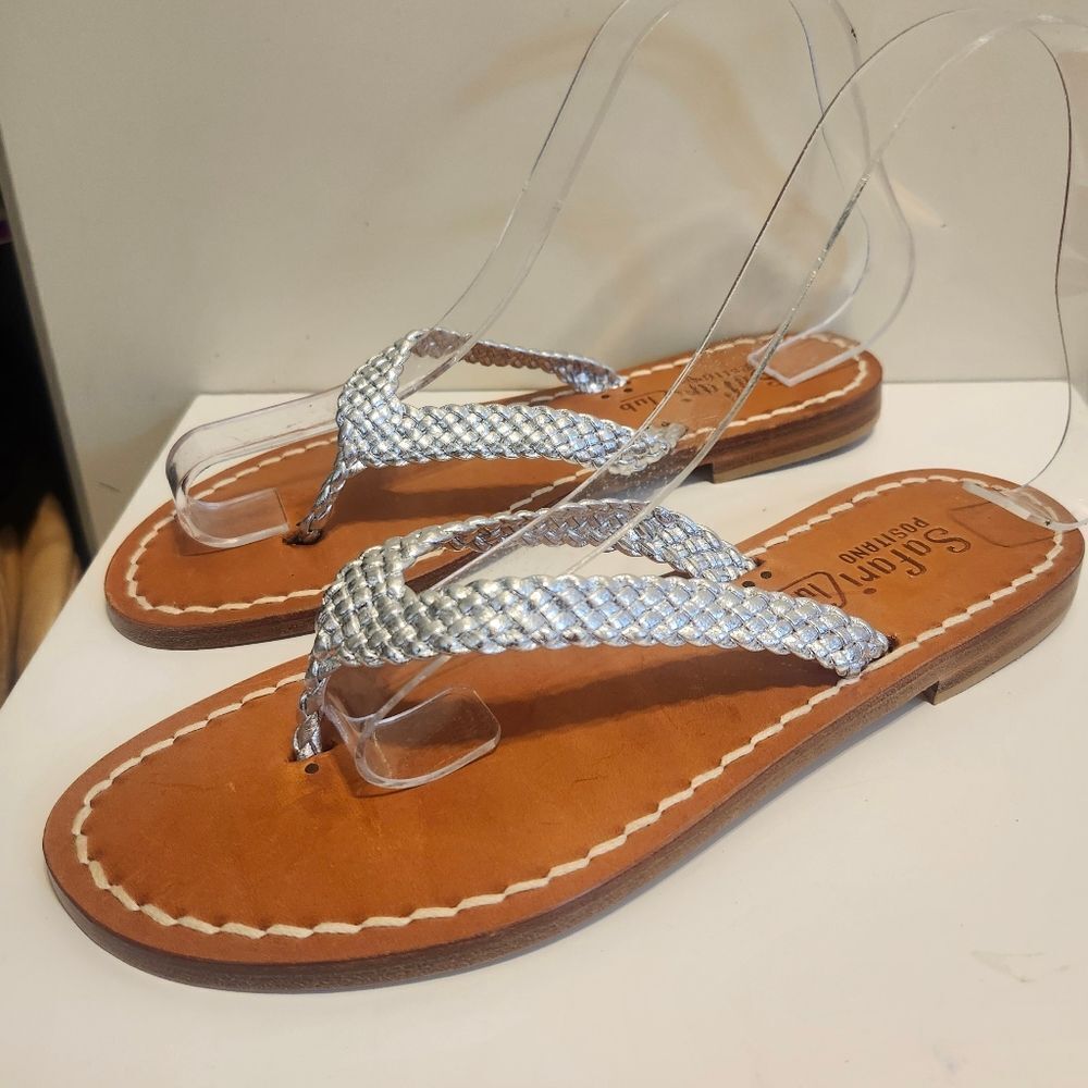 NEW Safari Club Positano Silver Woven Leather Thong Sandals sz.6/36 Ret.$100/€85